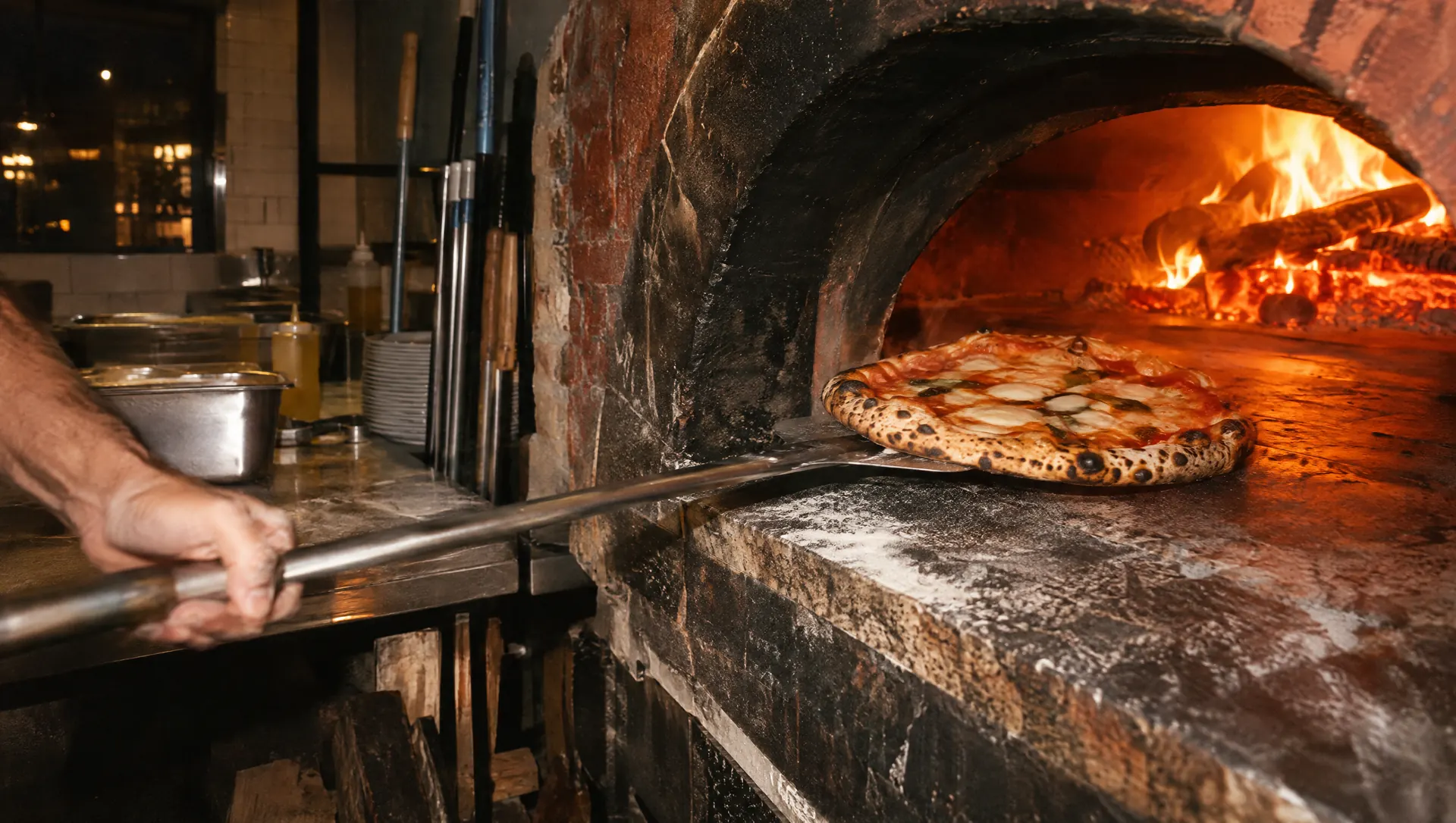 Pizza saindo do forno a lenha na pá